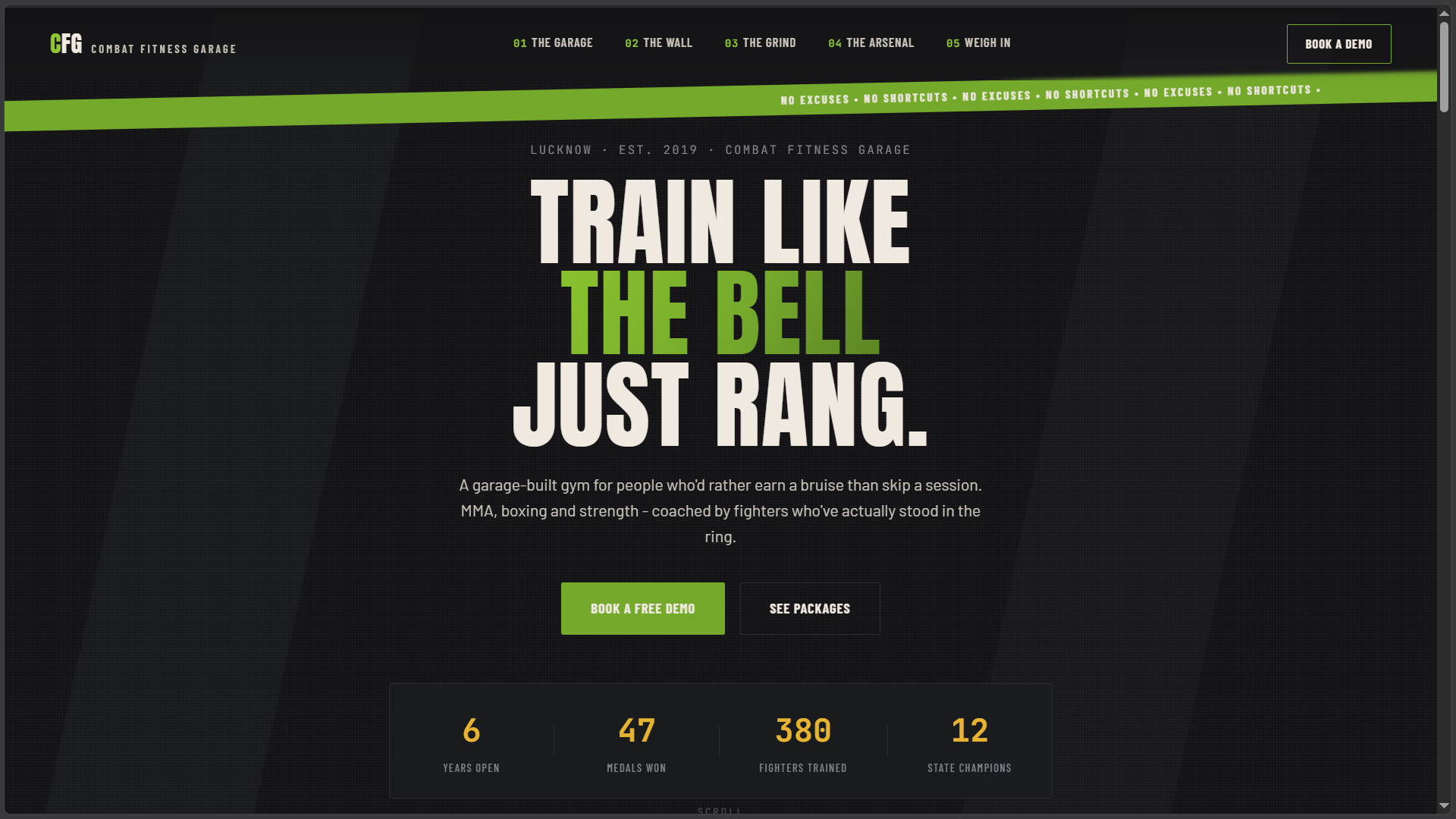 Combat Fitness Garage website — fight-night hero with bold typography: Train Like The Bell Just Rang