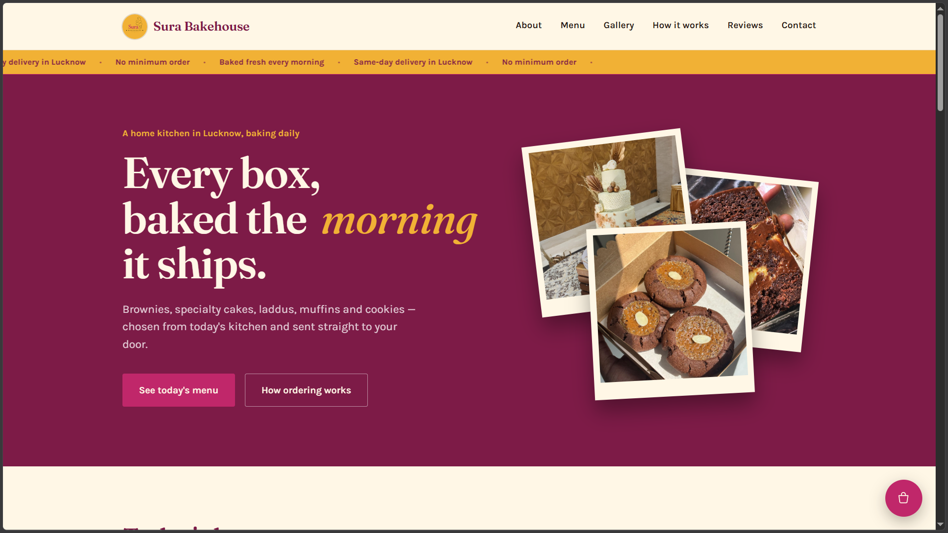 Sura Bakehouse website — warm maroon hero with polaroid product photos and headline: Every box baked the morning it ships